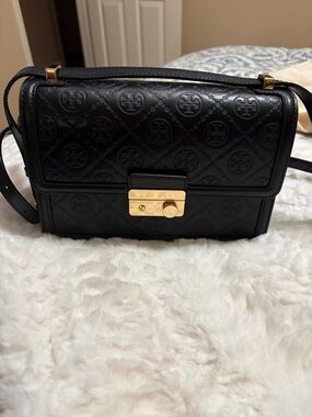 Tory Burch - Black Leather T Monogram Pebbled Shoulder Bag